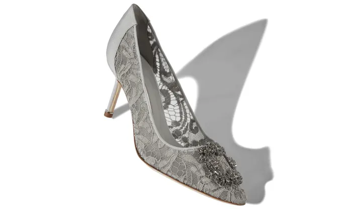 Women Dress Shoes Manolo Blahnik HANGISI LACE 70 Grey Lace Jewel Buckled Pumps