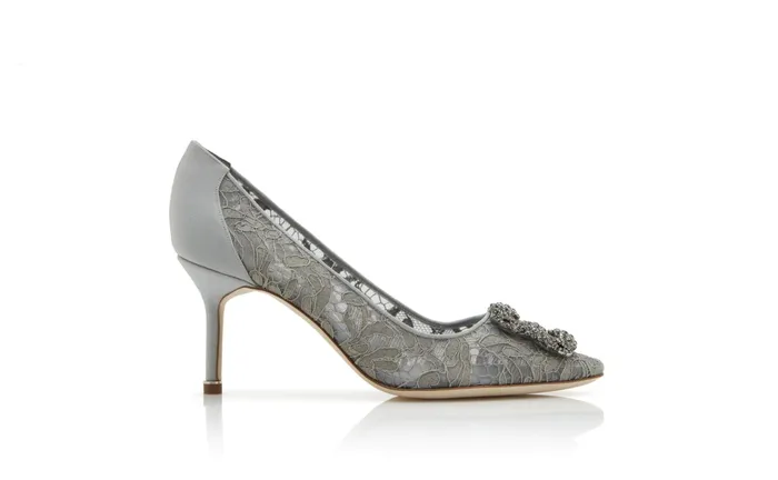 Women Dress Shoes Manolo Blahnik HANGISI LACE 70 Grey Lace Jewel Buckled Pumps
