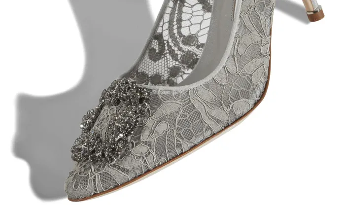 Women Dress Shoes Manolo Blahnik HANGISI LACE 70 Grey Lace Jewel Buckled Pumps