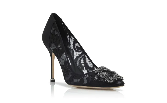 Women Dress Shoes Manolo Blahnik HANGISI LACE Black Lace Jewel Buckle Pumps