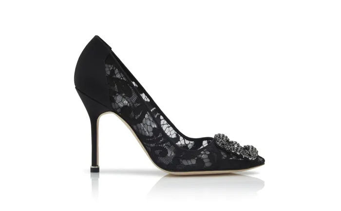 Women Dress Shoes Manolo Blahnik HANGISI LACE Black Lace Jewel Buckle Pumps Women Dress Shoes Manolo Blahnik HANGISI LACE Black Lace Jewel Buckle Pumps