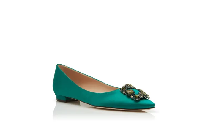 Women Dress Shoes Manolo Blahnik HANGISIFLAT BIS Green Satin Jewel Buckled Flats