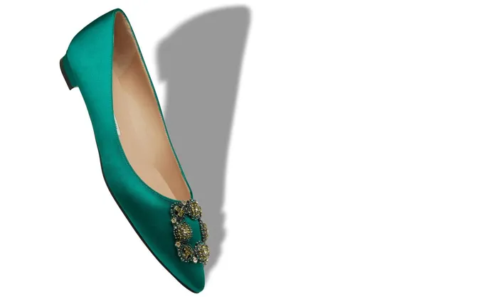Women Dress Shoes Manolo Blahnik HANGISIFLAT BIS Green Satin Jewel Buckled Flats