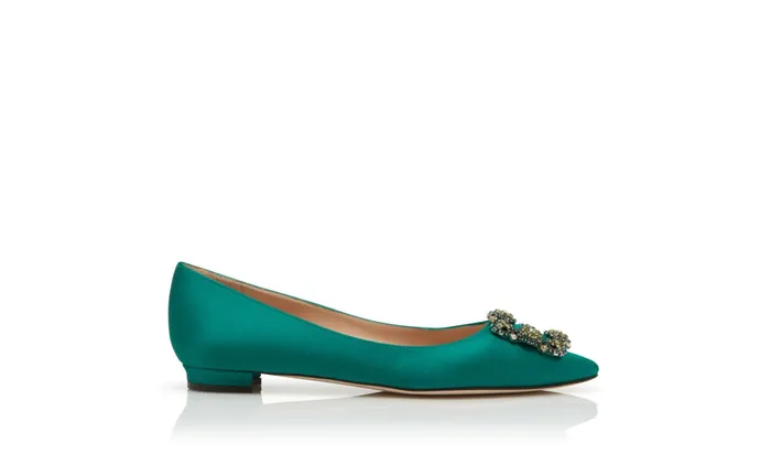 Women Dress Shoes Manolo Blahnik HANGISIFLAT BIS Green Satin Jewel Buckled Flats