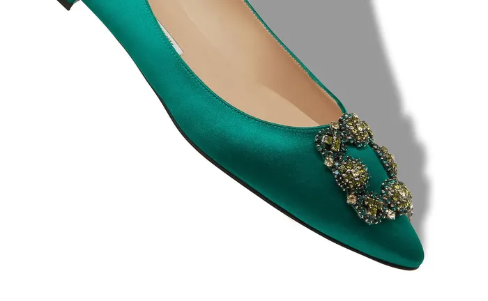 Women Dress Shoes Manolo Blahnik HANGISIFLAT BIS Green Satin Jewel Buckled Flats