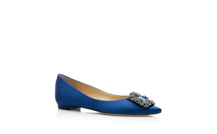 Women Dress Shoes Manolo Blahnik HANGISIFLAT Blue Satin Jewel Buckle Flat Shoes Women Dress Shoes Manolo Blahnik HANGISIFLAT Blue Satin Jewel Buckle Flat Shoes