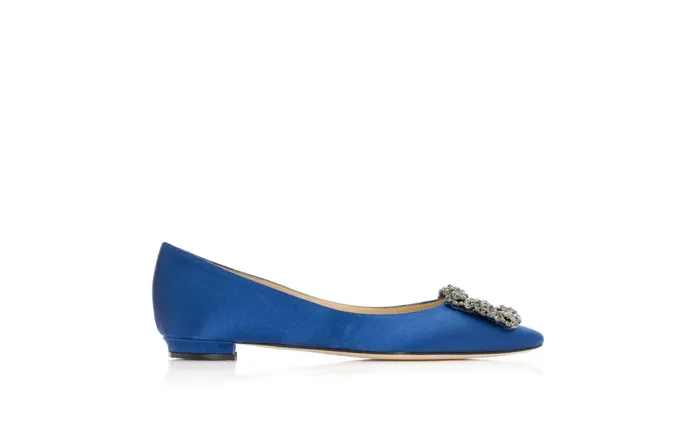 Women Dress Shoes Manolo Blahnik HANGISIFLAT Blue Satin Jewel Buckle Flat Shoes Women Dress Shoes Manolo Blahnik HANGISIFLAT Blue Satin Jewel Buckle Flat Shoes