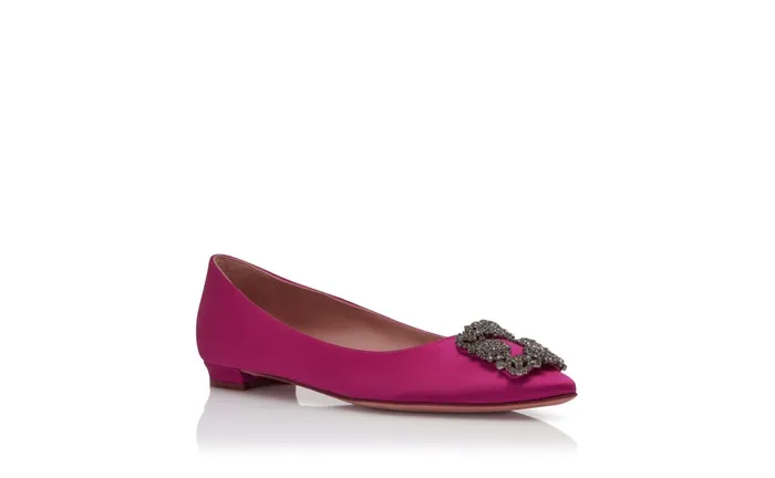 Women Dress Shoes Manolo Blahnik HANGISIFLAT Dark Fuchsia Satin Jewel Buckle Flat Shoes Women Dress Shoes Manolo Blahnik HANGISIFLAT Dark Fuchsia Satin Jewel Buckle Flat Shoes