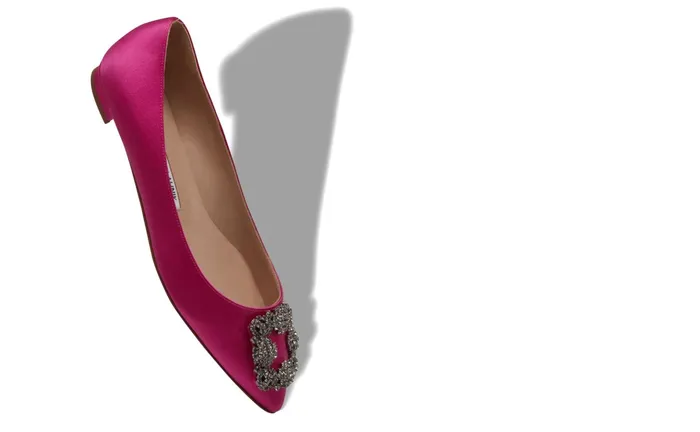 Women Dress Shoes Manolo Blahnik HANGISIFLAT Dark Fuchsia Satin Jewel Buckle Flat Shoes