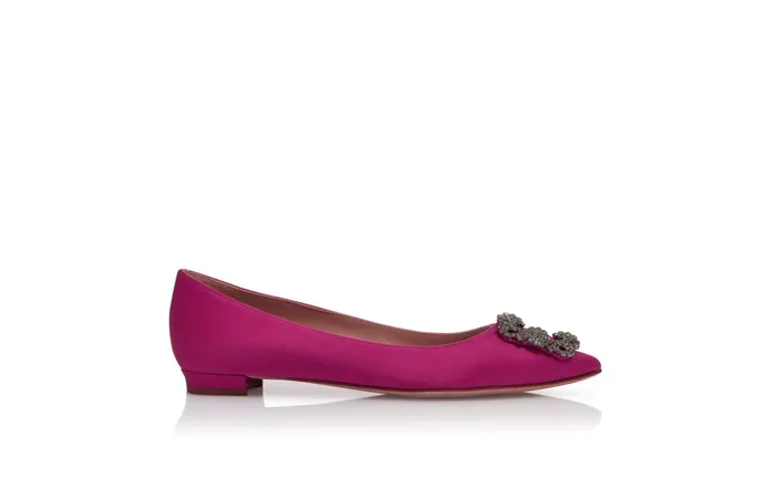 Women Dress Shoes Manolo Blahnik HANGISIFLAT Dark Fuchsia Satin Jewel Buckle Flat Shoes