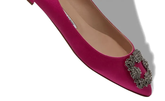 Women Dress Shoes Manolo Blahnik HANGISIFLAT Dark Fuchsia Satin Jewel Buckle Flat Shoes