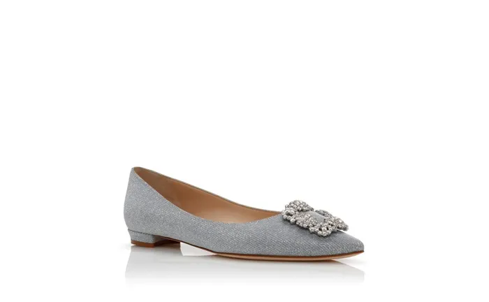 Women Dress Shoes Manolo Blahnik HANGISIFLAT GLITTER Silver Glitter Fabric Jewel Buckle Flat Shoes Women Dress Shoes Manolo Blahnik HANGISIFLAT GLITTER Silver Glitter Fabric Jewel Buckle Flat Shoes
