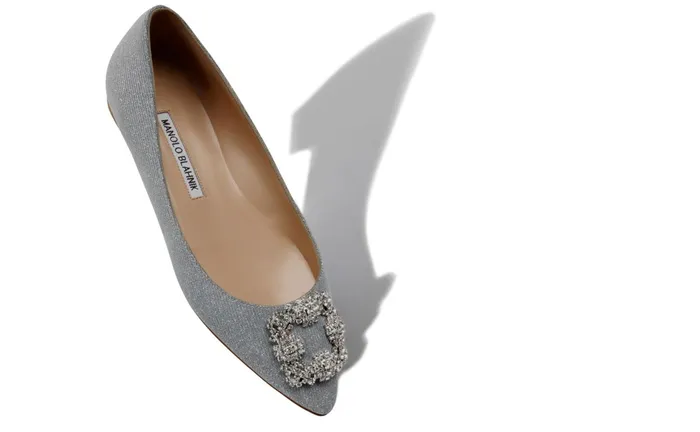 Women Dress Shoes Manolo Blahnik HANGISIFLAT GLITTER Silver Glitter Fabric Jewel Buckle Flat Shoes
