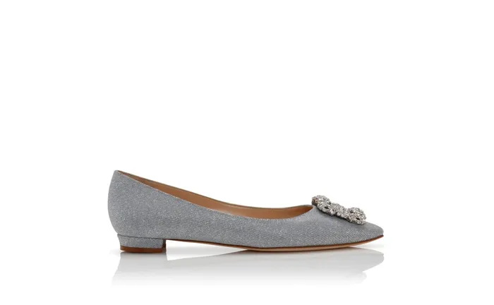 Women Dress Shoes Manolo Blahnik HANGISIFLAT GLITTER Silver Glitter Fabric Jewel Buckle Flat Shoes