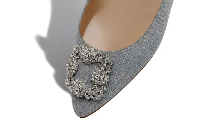 Women Dress Shoes Manolo Blahnik HANGISIFLAT GLITTER Silver Glitter Fabric Jewel Buckle Flat Shoes