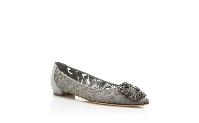 Women Dress Shoes Manolo Blahnik HANGISIFLAT LACE Grey Lace Jewel Buckle Flat Shoes Women Dress Shoes Manolo Blahnik HANGISIFLAT LACE Grey Lace Jewel Buckle Flat Shoes