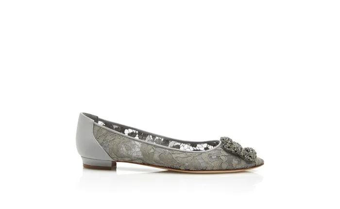 Women Dress Shoes Manolo Blahnik HANGISIFLAT LACE Grey Lace Jewel Buckle Flat Shoes