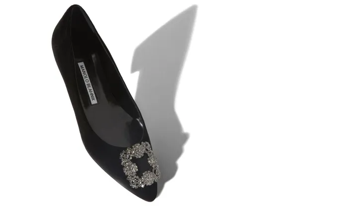 Women Dress Shoes Manolo Blahnik HANGISIFLAT VELVET Black Jewel Buckle Flat Shoes