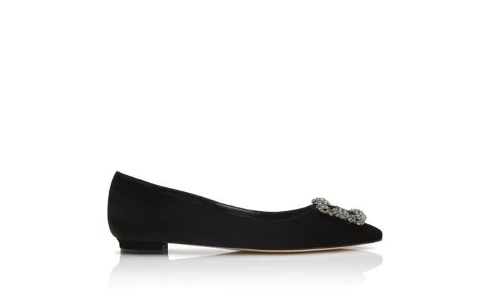 Women Dress Shoes Manolo Blahnik HANGISIFLAT VELVET Black Jewel Buckle Flat Shoes