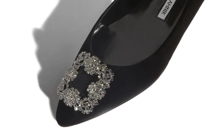 Women Dress Shoes Manolo Blahnik HANGISIFLAT VELVET Black Jewel Buckle Flat Shoes