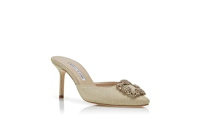 Women Dress Shoes Manolo Blahnik HANGISIMU GLITTER Light Gold Glitter Fabric Jewel Buckle Mules Women Dress Shoes Manolo Blahnik HANGISIMU GLITTER Light Gold Glitter Fabric Jewel Buckle Mules