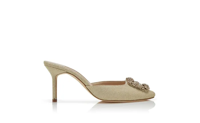 Women Dress Shoes Manolo Blahnik HANGISIMU GLITTER Light Gold Glitter Fabric Jewel Buckle Mules