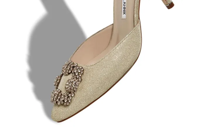 Women Dress Shoes Manolo Blahnik HANGISIMU GLITTER Light Gold Glitter Fabric Jewel Buckle Mules