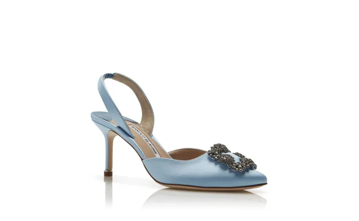 Women Dress Shoes Manolo Blahnik HANGISLI Light Blue Satin Jewel Buckle Slingback Pumps Women Dress Shoes Manolo Blahnik HANGISLI Light Blue Satin Jewel Buckle Slingback Pumps