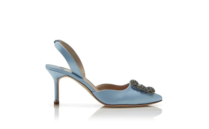 Women Dress Shoes Manolo Blahnik HANGISLI Light Blue Satin Jewel Buckle Slingback Pumps