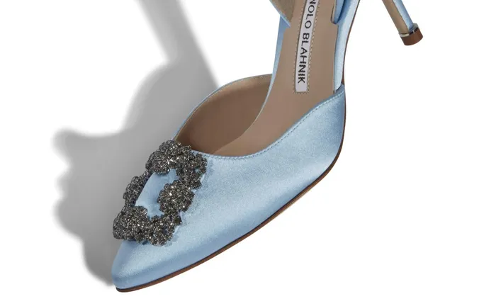 Women Dress Shoes Manolo Blahnik HANGISLI Light Blue Satin Jewel Buckle Slingback Pumps