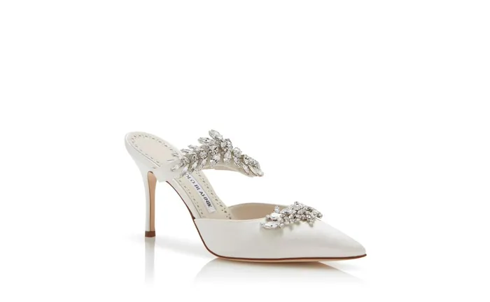 Women Dress Shoes Manolo Blahnik LURUM White Satin Crystal Embellished Mules