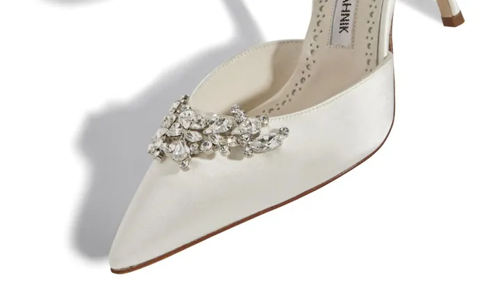 Women Dress Shoes Manolo Blahnik LURUM White Satin Crystal Embellished Mules