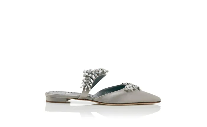 Women Dress Shoes Manolo Blahnik LURUMFLAT Light Grey Satin Crystal Embellished Mules Women Dress Shoes Manolo Blahnik LURUMFLAT Light Grey Satin Crystal Embellished Mules