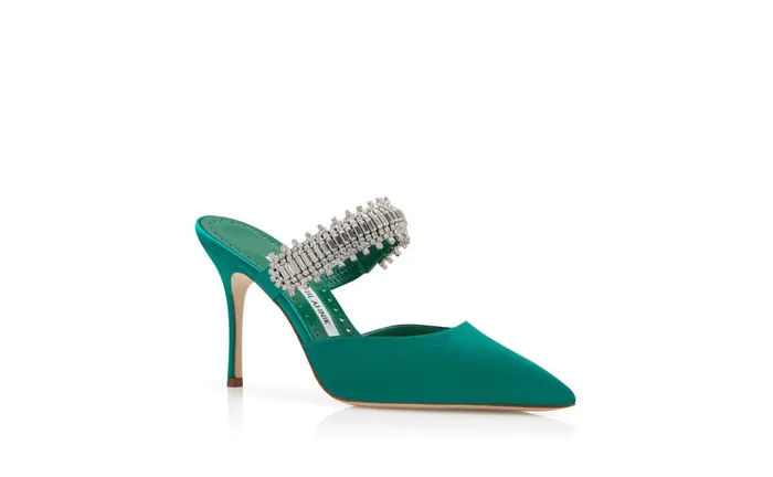 Women Dress Shoes Manolo Blahnik LUTARA Green Satin Crystal Embellished Mules