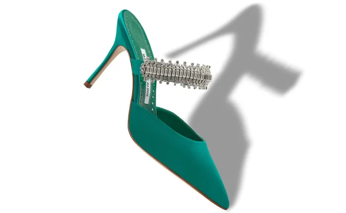 Women Dress Shoes Manolo Blahnik LUTARA Green Satin Crystal Embellished Mules
