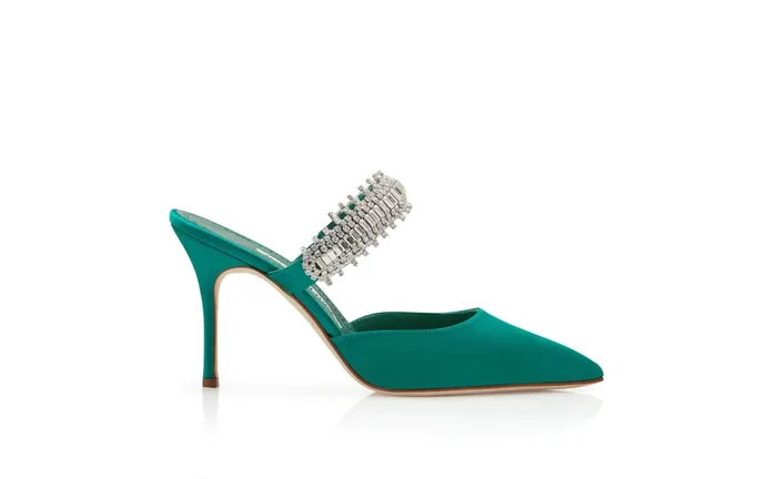 Women Dress Shoes Manolo Blahnik LUTARA Green Satin Crystal Embellished Mules
