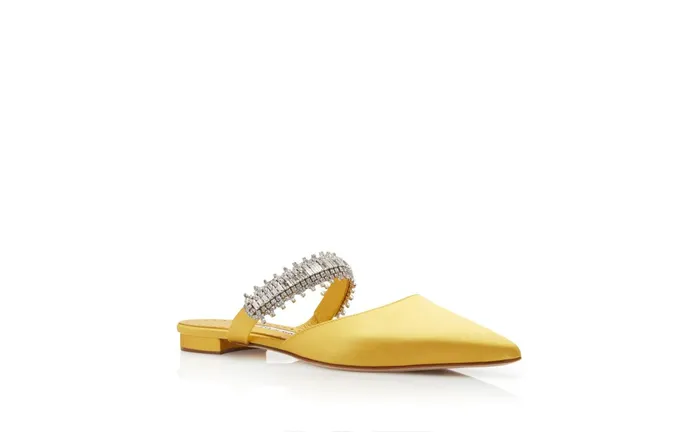 Women Dress Shoes Manolo Blahnik LUTARAFLAT Yellow Satin Crystal Embellished Flat Mules Women Dress Shoes Manolo Blahnik LUTARAFLAT Yellow Satin Crystal Embellished Flat Mules