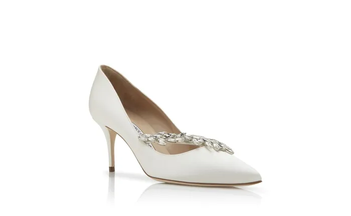 Women Dress Shoes Manolo Blahnik NADIRA 70 White Satin Jewel Buckle Pumps