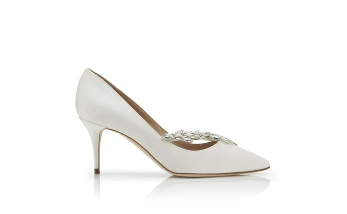 Women Dress Shoes Manolo Blahnik NADIRA 70 White Satin Jewel Buckle Pumps Women Dress Shoes Manolo Blahnik NADIRA 70 White Satin Jewel Buckle Pumps