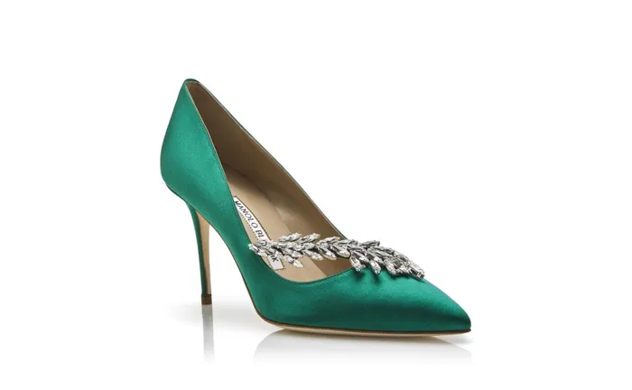 Women Dress Shoes Manolo Blahnik NADIRA Green Satin Jewel Buckle Pumps
