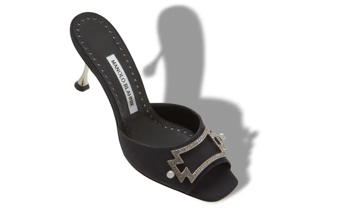 Women Dress Shoes Manolo Blahnik SEPTISAN Black Crepe De Chine Embellished Mules Women Dress Shoes Manolo Blahnik SEPTISAN Black Crepe De Chine Embellished Mules