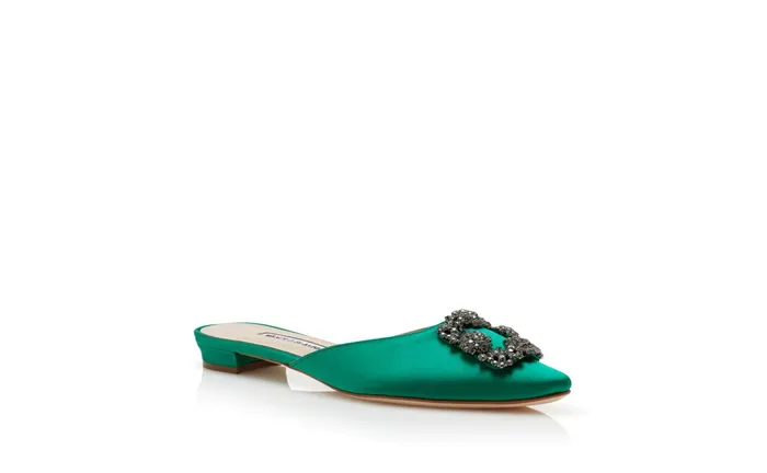 Women Flats Manolo Blahnik HANGISIMUFLAT Green Satin Jewel Buckle Flat Mules