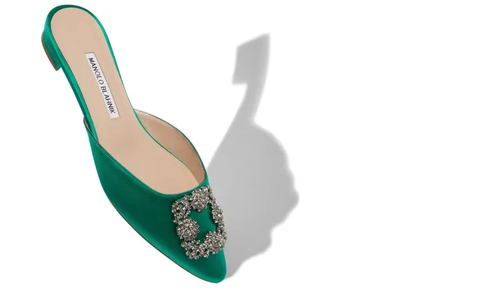 Women Flats Manolo Blahnik HANGISIMUFLAT Green Satin Jewel Buckle Flat Mules Women Flats Manolo Blahnik HANGISIMUFLAT Green Satin Jewel Buckle Flat Mules