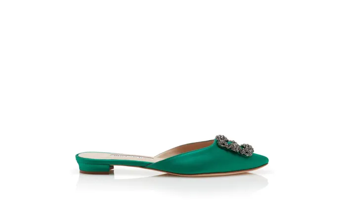 Women Flats Manolo Blahnik HANGISIMUFLAT Green Satin Jewel Buckle Flat Mules Women Flats Manolo Blahnik HANGISIMUFLAT Green Satin Jewel Buckle Flat Mules