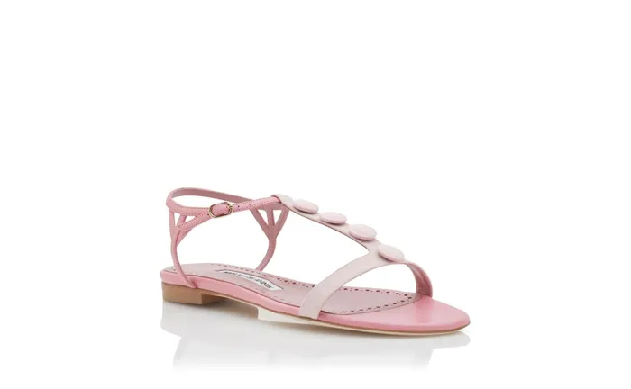 Women Flats Manolo Blahnik HULANE Light Pink Linen TBar Button Flat Sandals