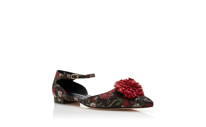 Women Flats Manolo Blahnik MARGARO Black Floral Print Jacquard Flat Shoes
