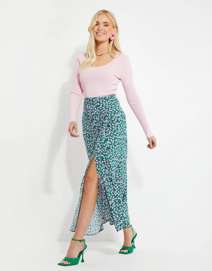 Women Green Floral Print Midi Skirt Green Threadbare Skirts