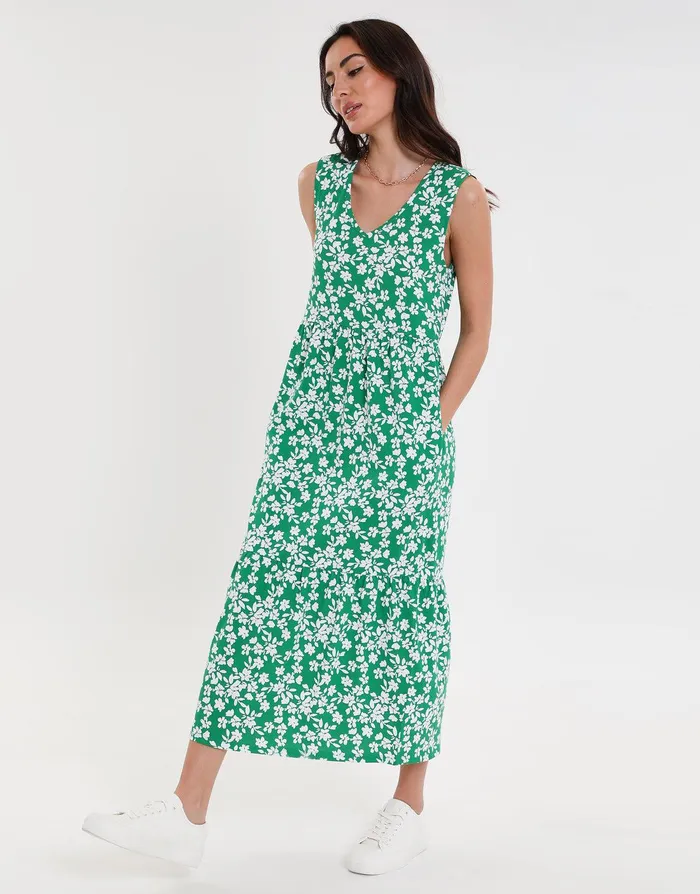 Women Green Floral Print Tiered Sleeveless Midi Dress With Pockets Green Threadbare Dresses Women Green Floral Print Tiered Sleeveless Midi Dress With Pockets Green Threadbare Dresses