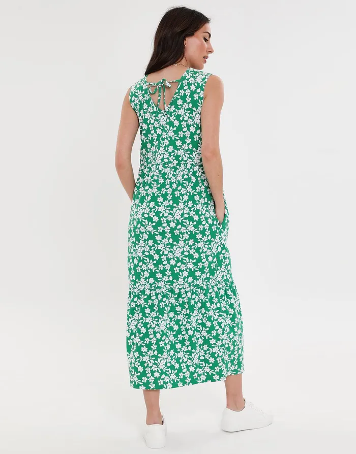 Women Green Floral Print Tiered Sleeveless Midi Dress With Pockets Green Threadbare Dresses Women Green Floral Print Tiered Sleeveless Midi Dress With Pockets Green Threadbare Dresses