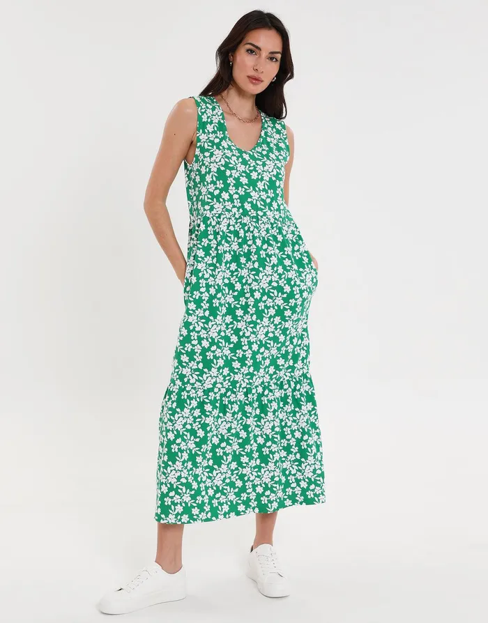 Women Green Floral Print Tiered Sleeveless Midi Dress With Pockets Green Threadbare Dresses Women Green Floral Print Tiered Sleeveless Midi Dress With Pockets Green Threadbare Dresses